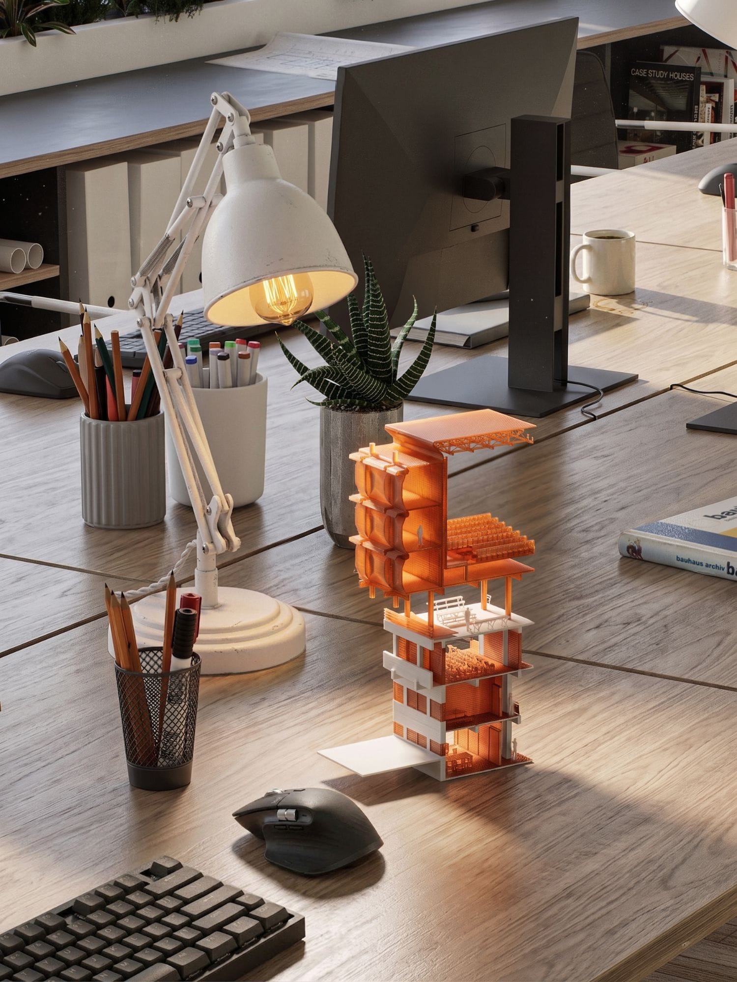 Render of an orange and white sectional model of the building on a studio desk, lit by a desk lamp among pencils, a monitor and a plant.
