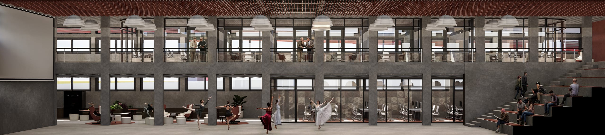 Panoramic interior of the double-height lower level with dancers in the centre, glazed studios and offices on two levels, and stepped amphitheatre seating on the right.