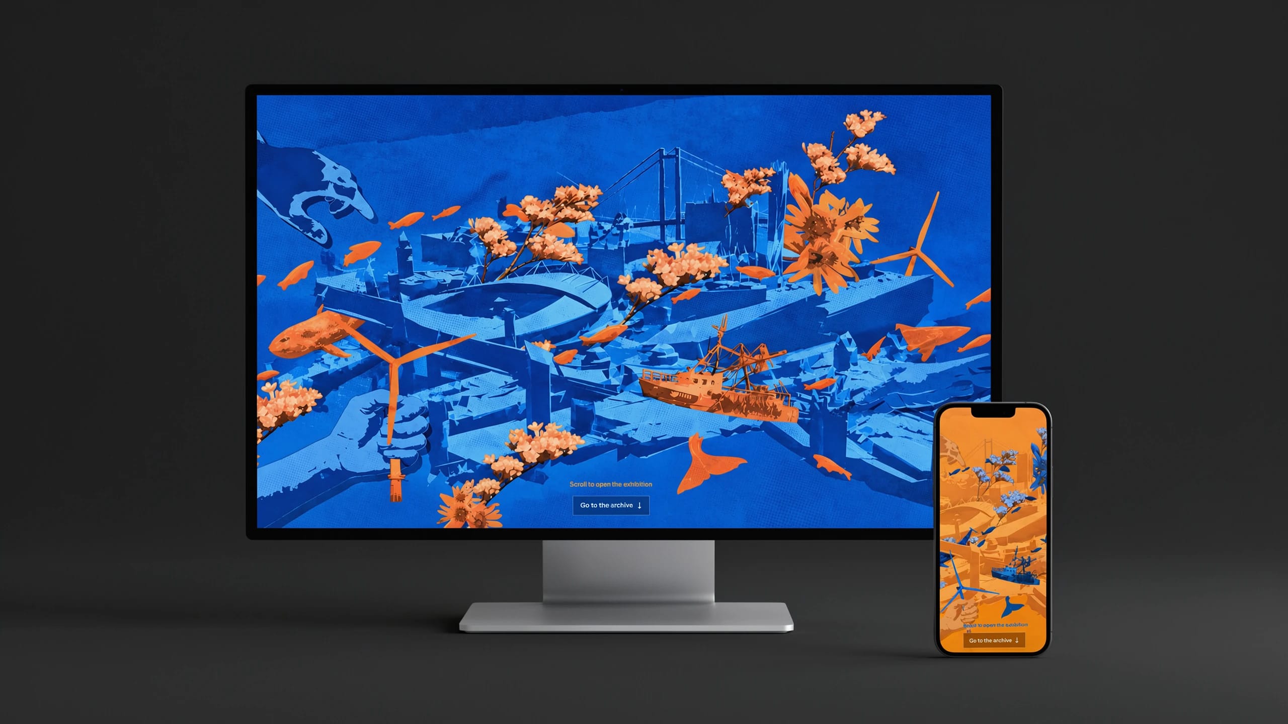 Archive interface displayed on a desktop monitor and smartphone, with blue and orange exhibition graphics