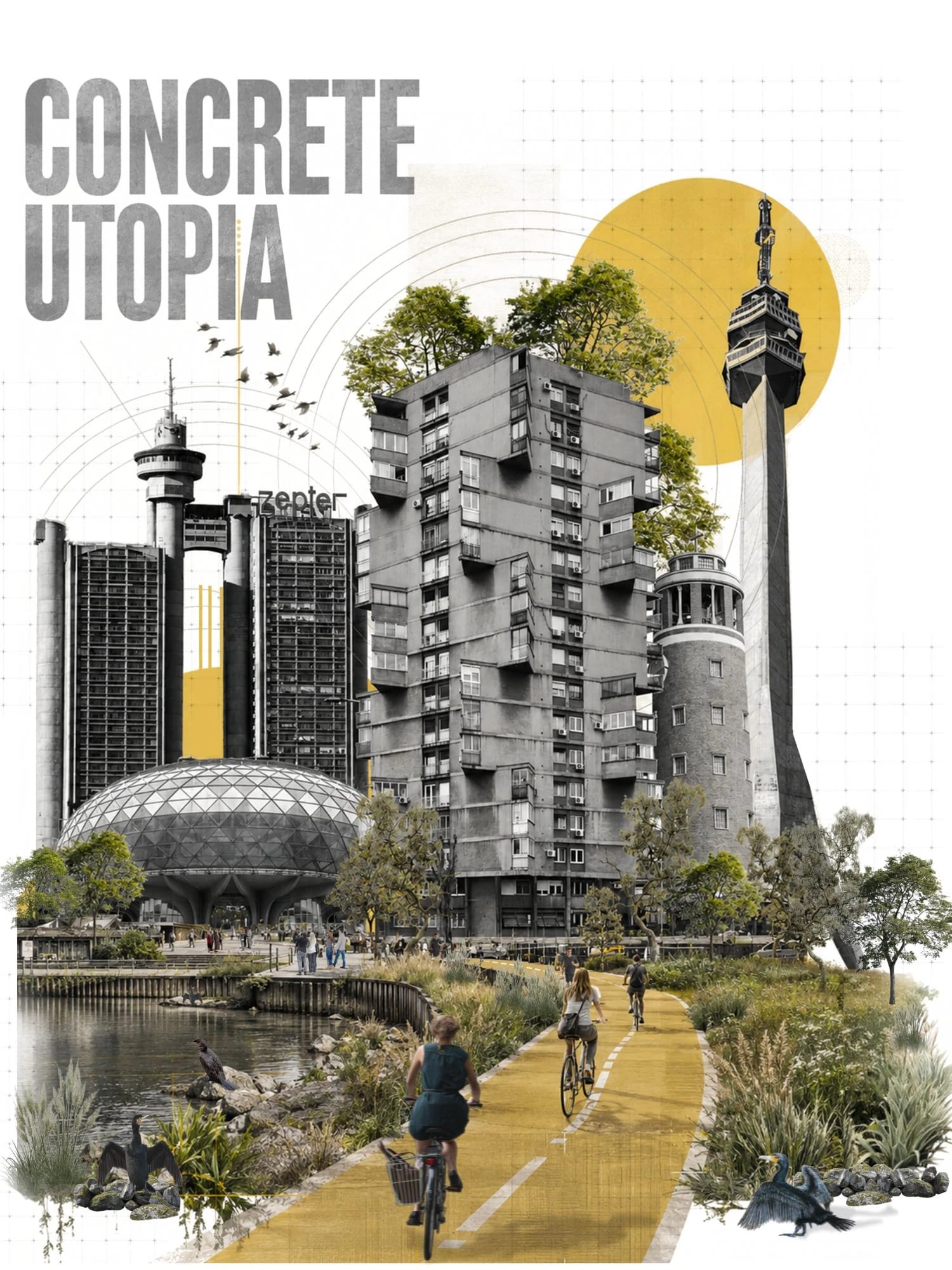 Concrete Utopia collage combining Belgrade's brutalist landmarks with a green waterfront cycle path and cormorants.