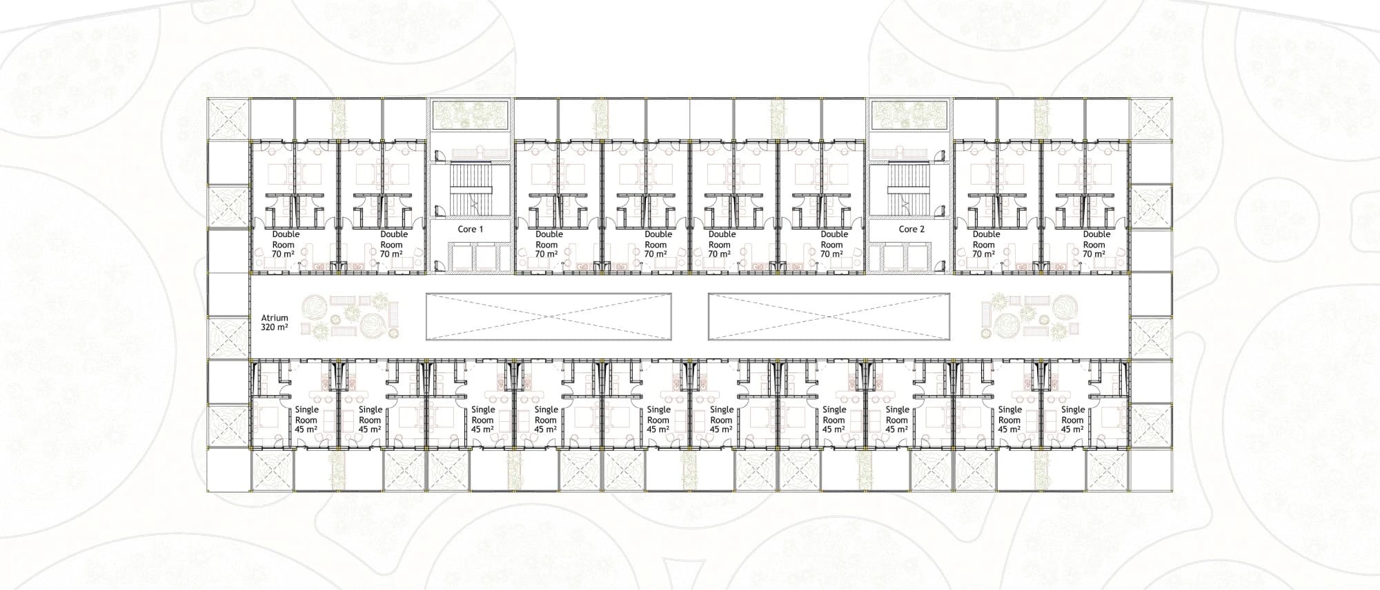 Second floor plan with double and single rooms around a central planted atrium.