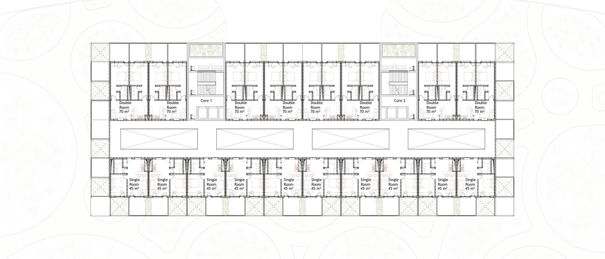 Third floor plan with double and single rooms around voids over the atrium.