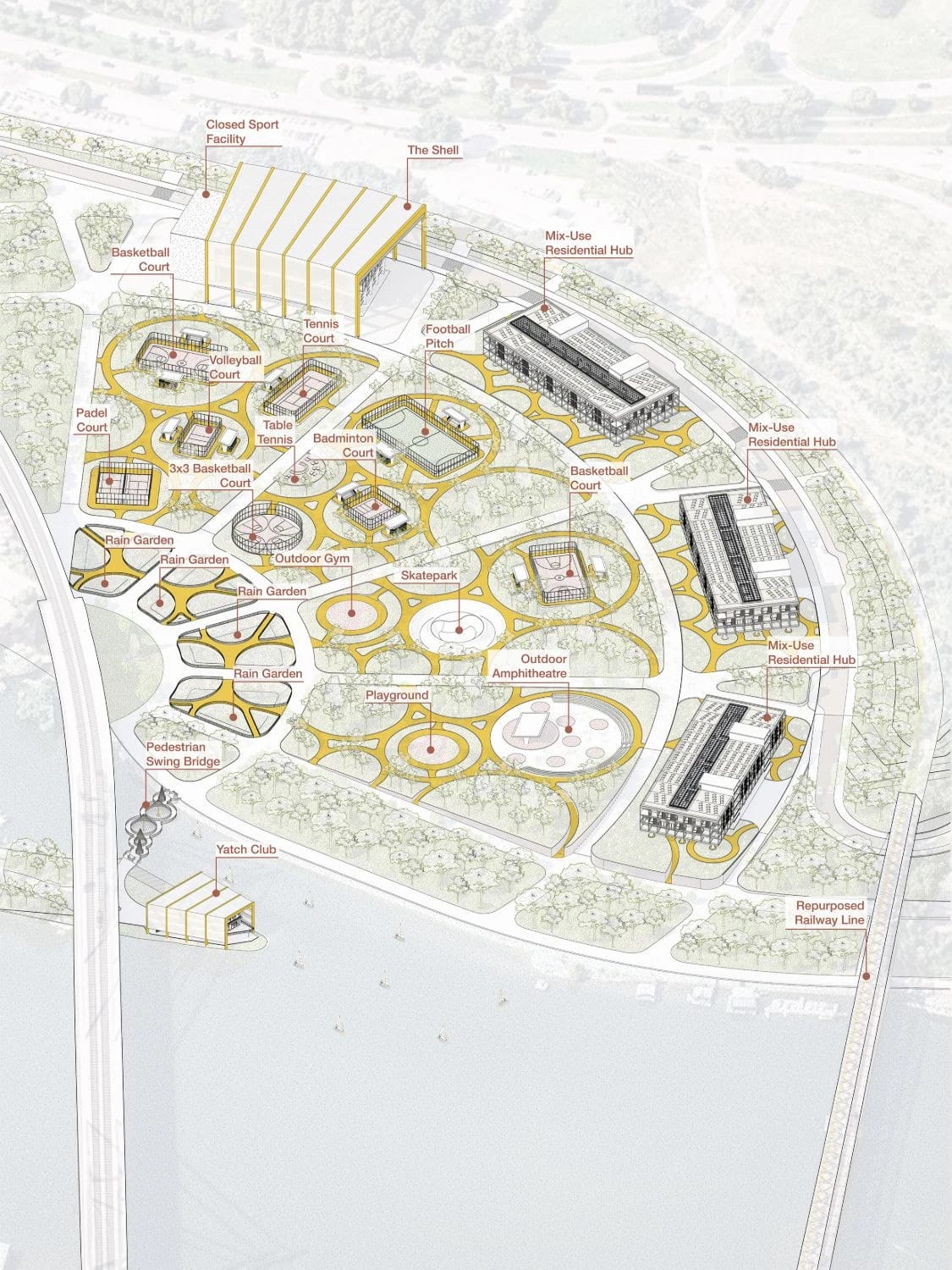 Isometric view of the masterplan with sports courts, rain gardens, an outdoor amphitheatre, three mixed-use residential hubs, the Shell over the closed sport facility and the yacht club on the river.