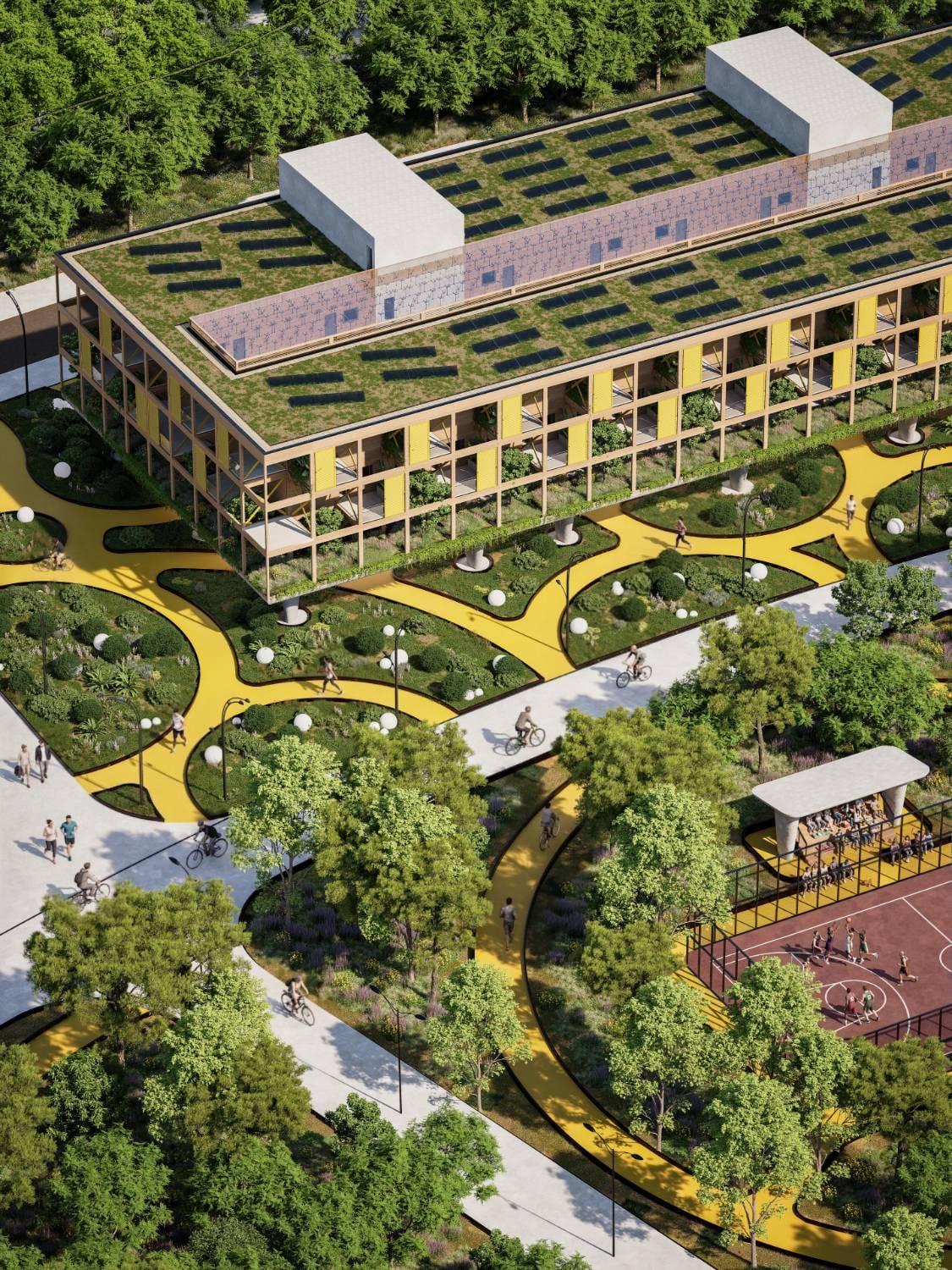 Aerial render of a residential hub with a green roof and solar panels above yellow paths, planted islands and a basketball court.