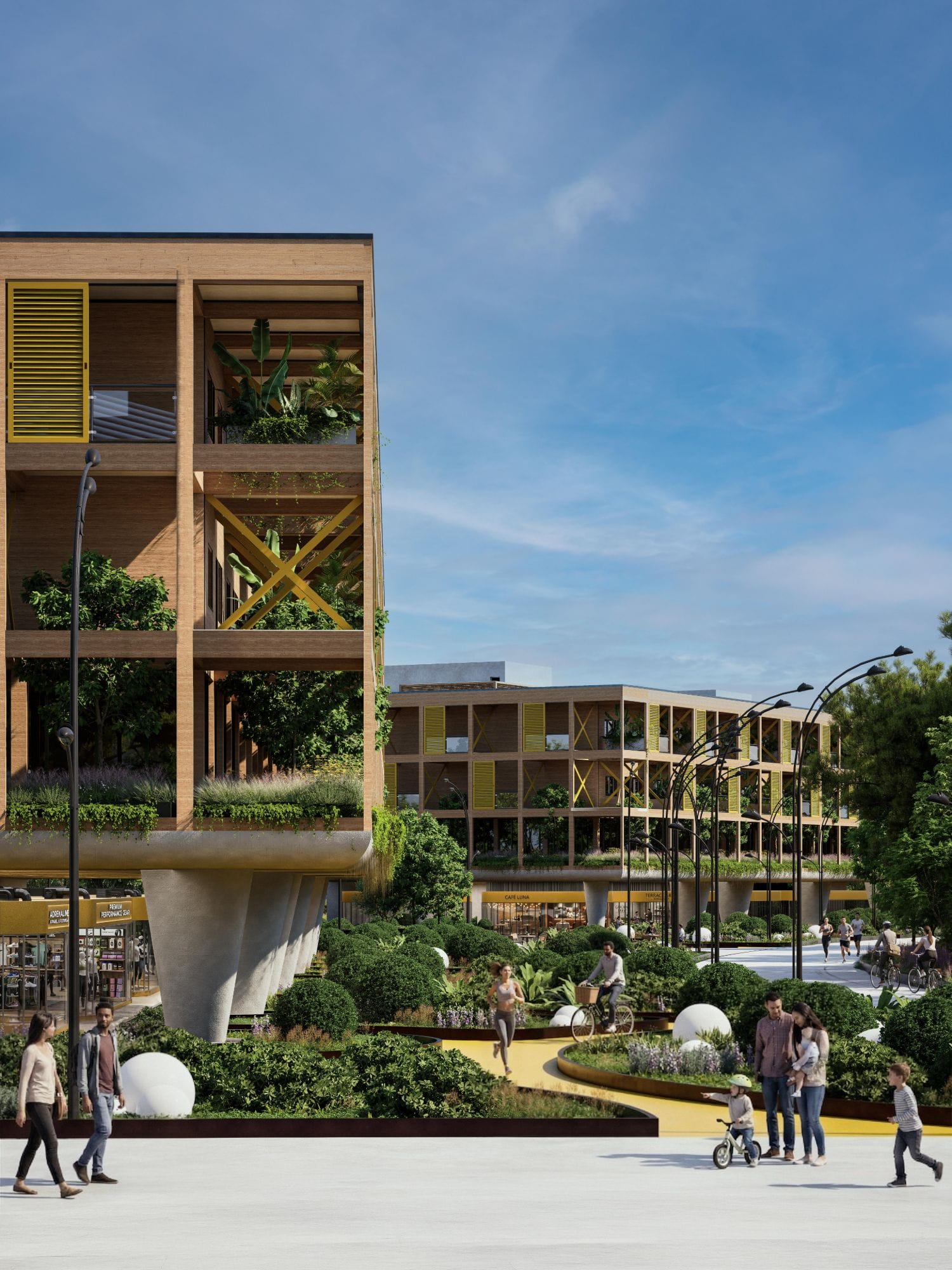 Render of a residential hub with planted balconies raised on concrete columns over shops, with people walking and cycling along a yellow path.