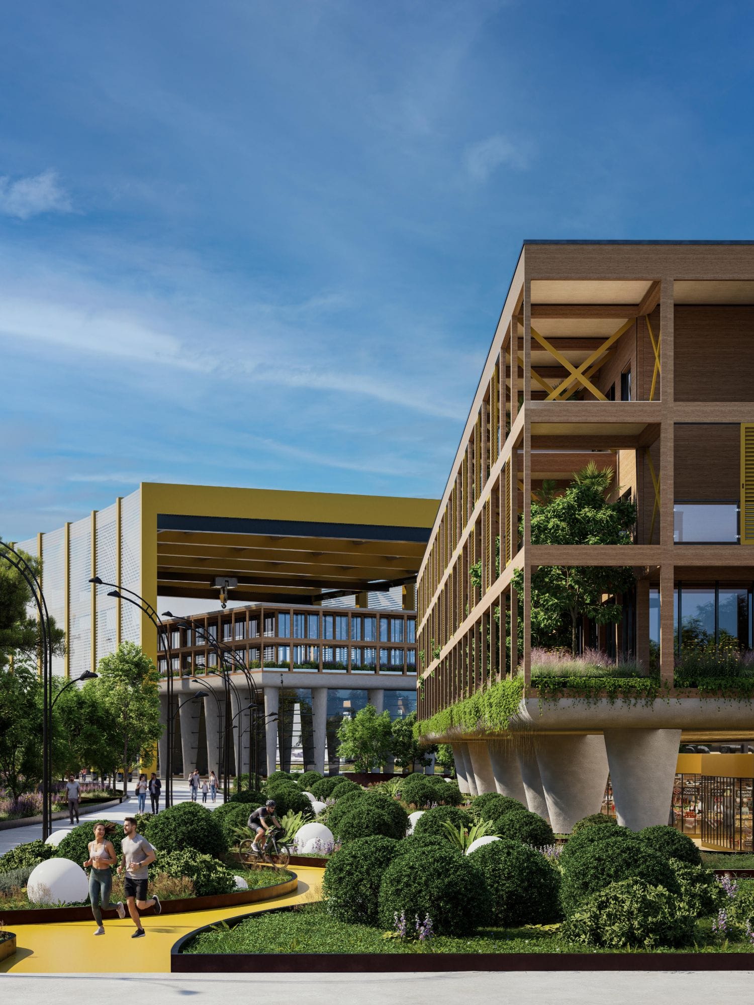 Render of joggers on a yellow park path between rounded shrubs, with a residential hub and the Shell behind.