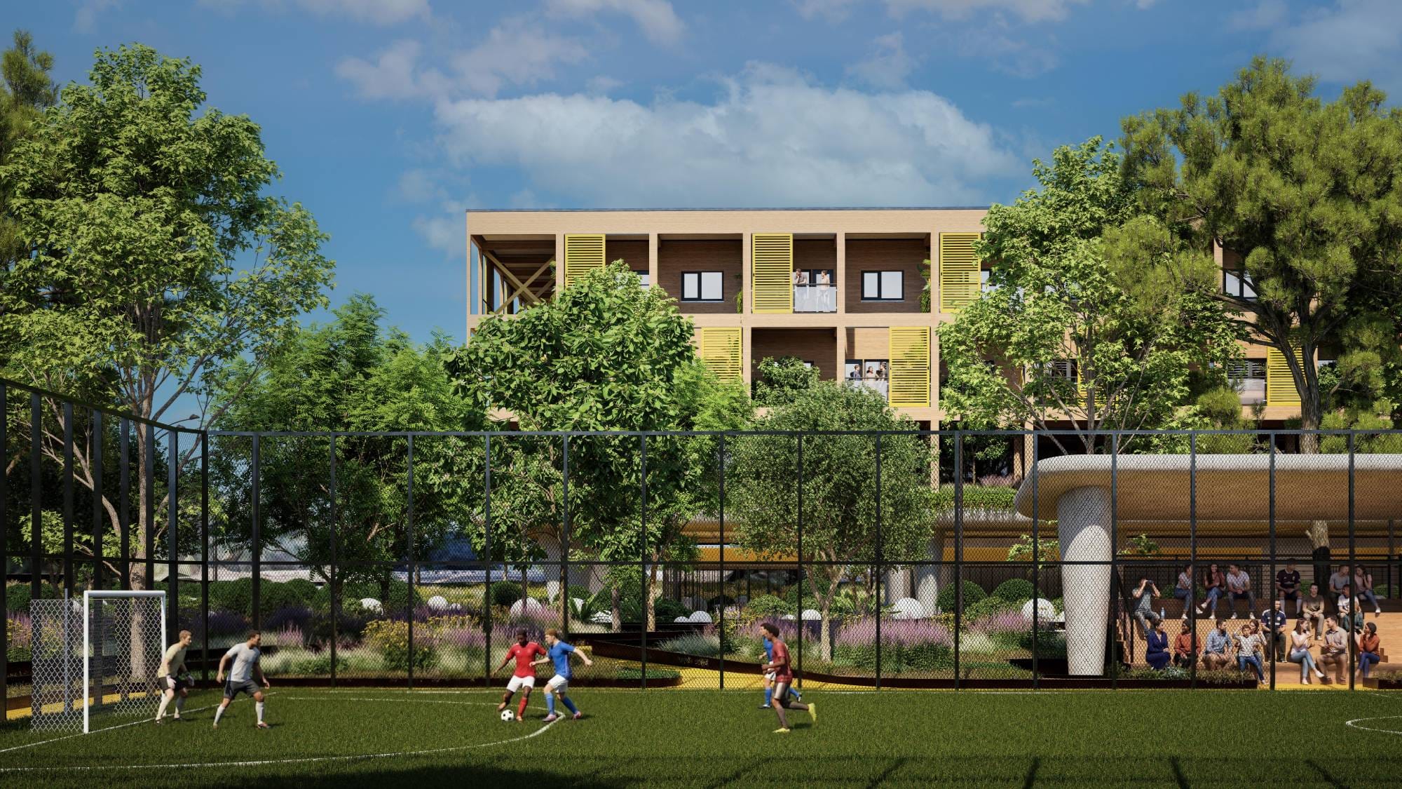 Render of a five-a-side football match with spectators under a concrete canopy and a residential hub beyond the trees.