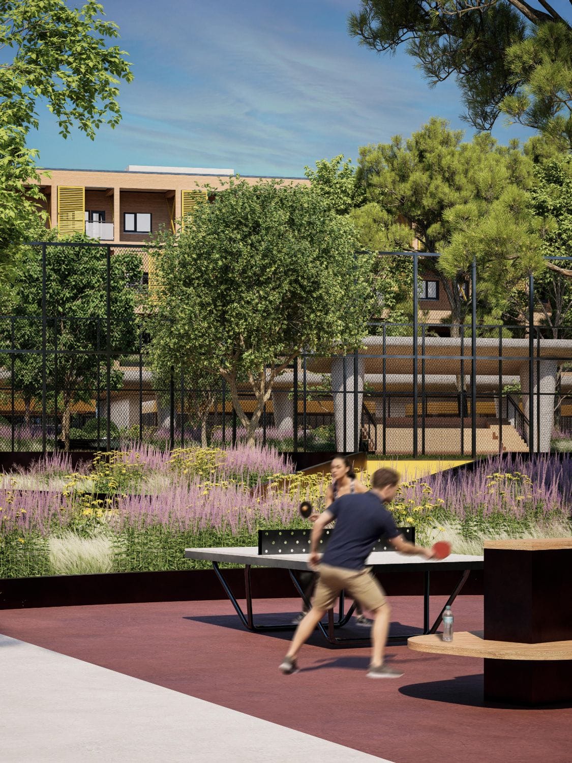 Render of two people playing table tennis on a terracotta surface surrounded by lavender planting.