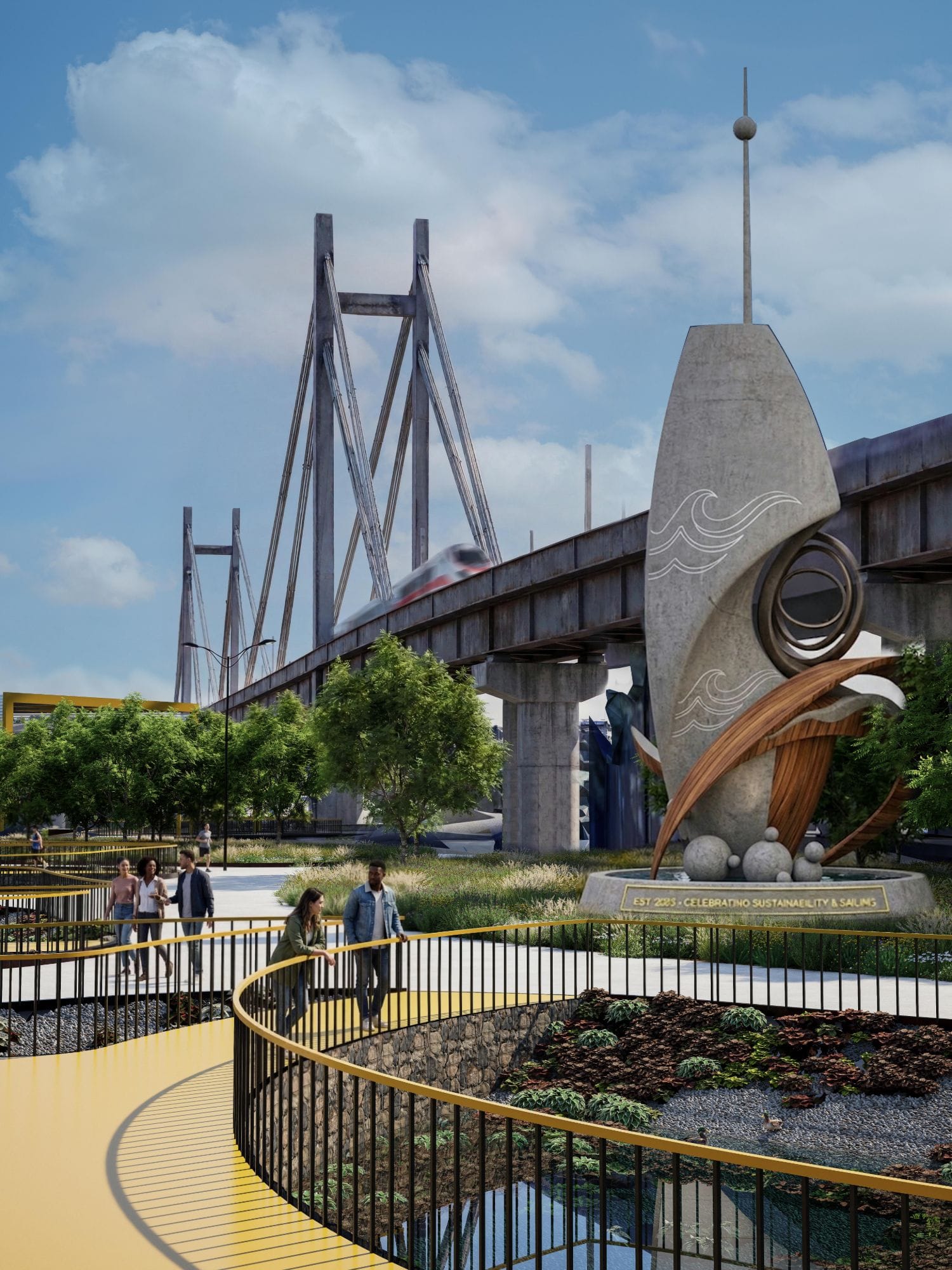 Render of the statue plaza with a sailing-themed sculpture, a yellow walkway over a planted basin and the railway bridge behind.