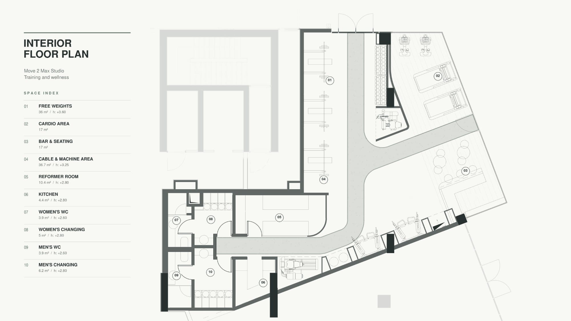 Interior floor plan of Move 2 Max Studio with a numbered space index: free weights, cardio area, bar and seating, cable and machine area, reformer room, kitchen, changing rooms and WCs.