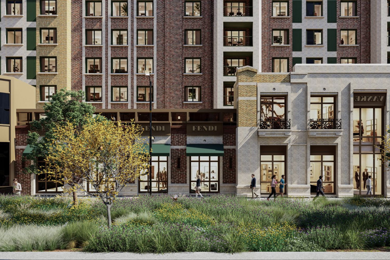 Street-level render of a former road turned into a planted ecological corridor of grasses and wildflowers in front of brick shopfronts and apartment blocks, with people walking along the pavement