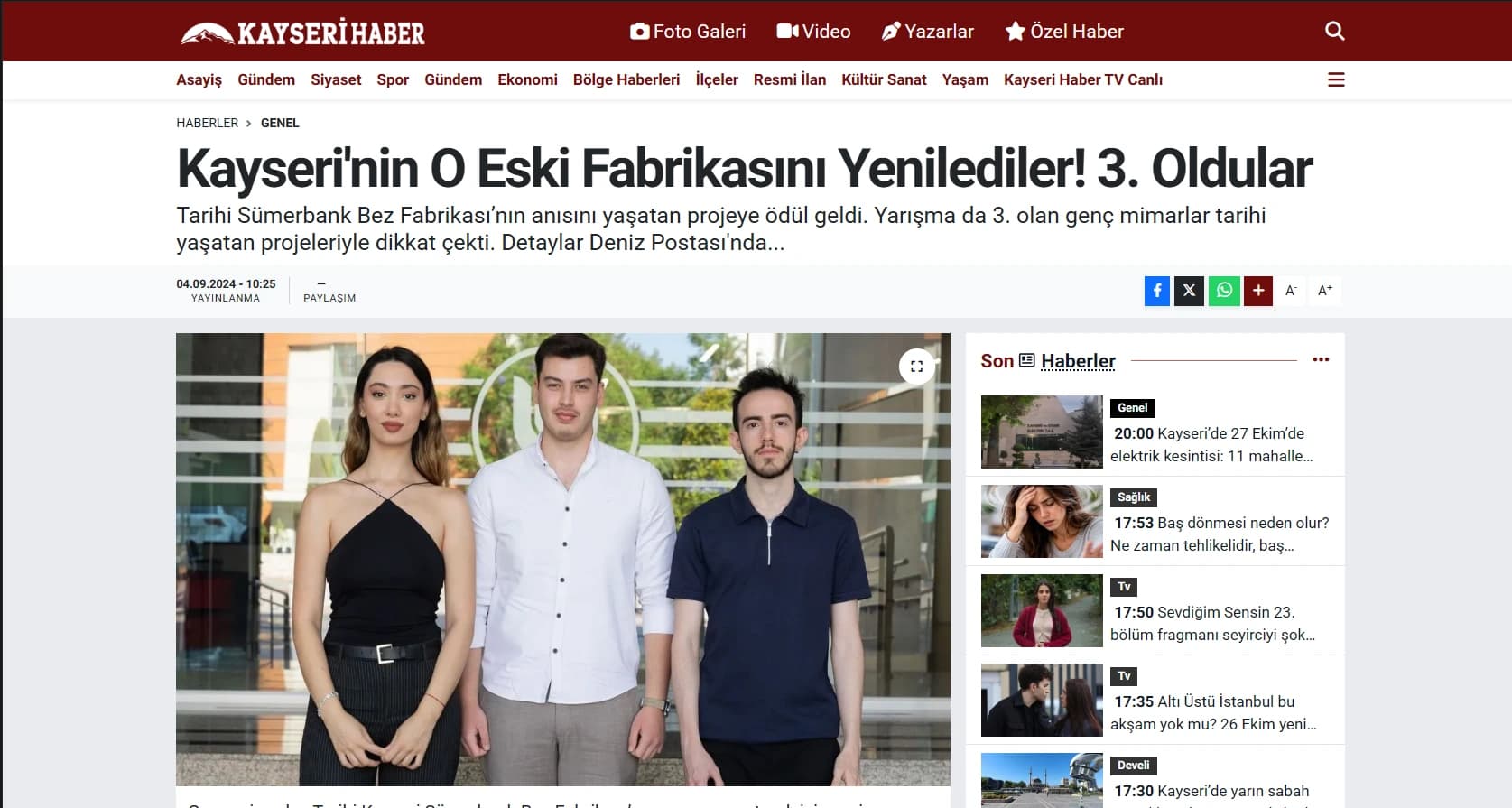 Screenshot of Kayseri Haber: Reimagining Kayseri's Historic Factory: Third Prize in ERKUT 1935
