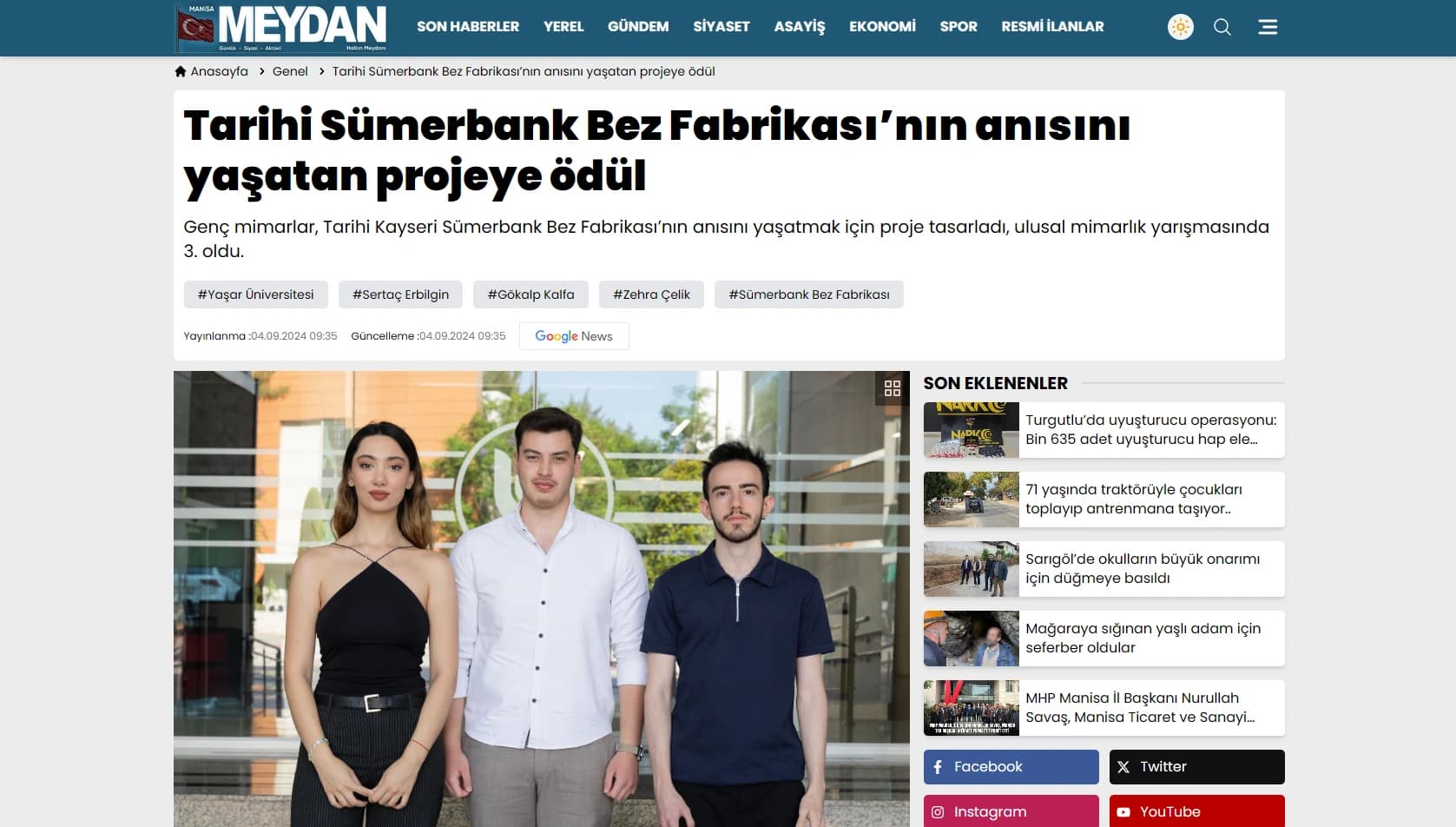 Screenshot of Manisa Meydan Gazetesi: Award for a Proposal Preserving Sümerbank's Industrial Memory