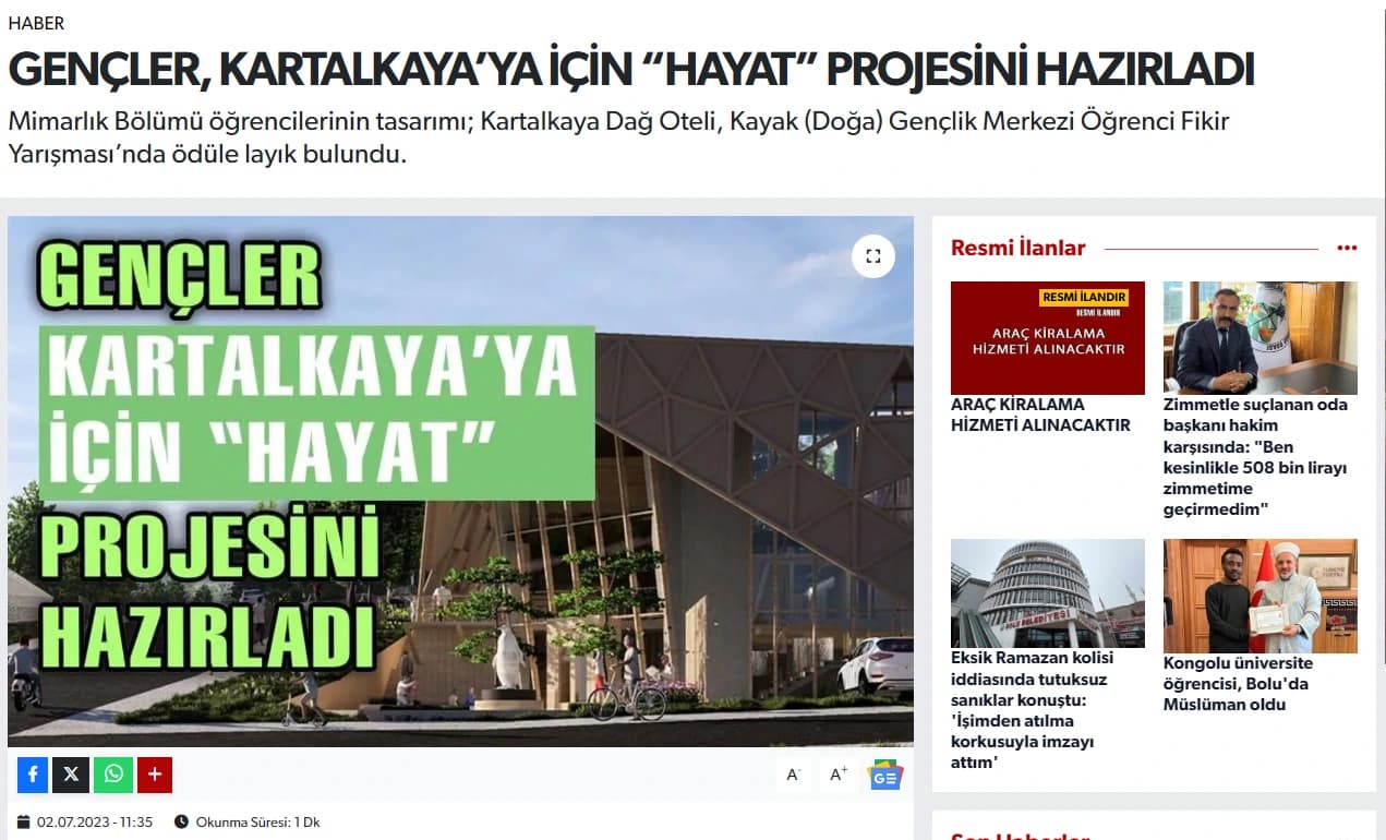 Screenshot of Köroğlu Gazetesi: Young Designers Develop HAYAT for Kartalkaya