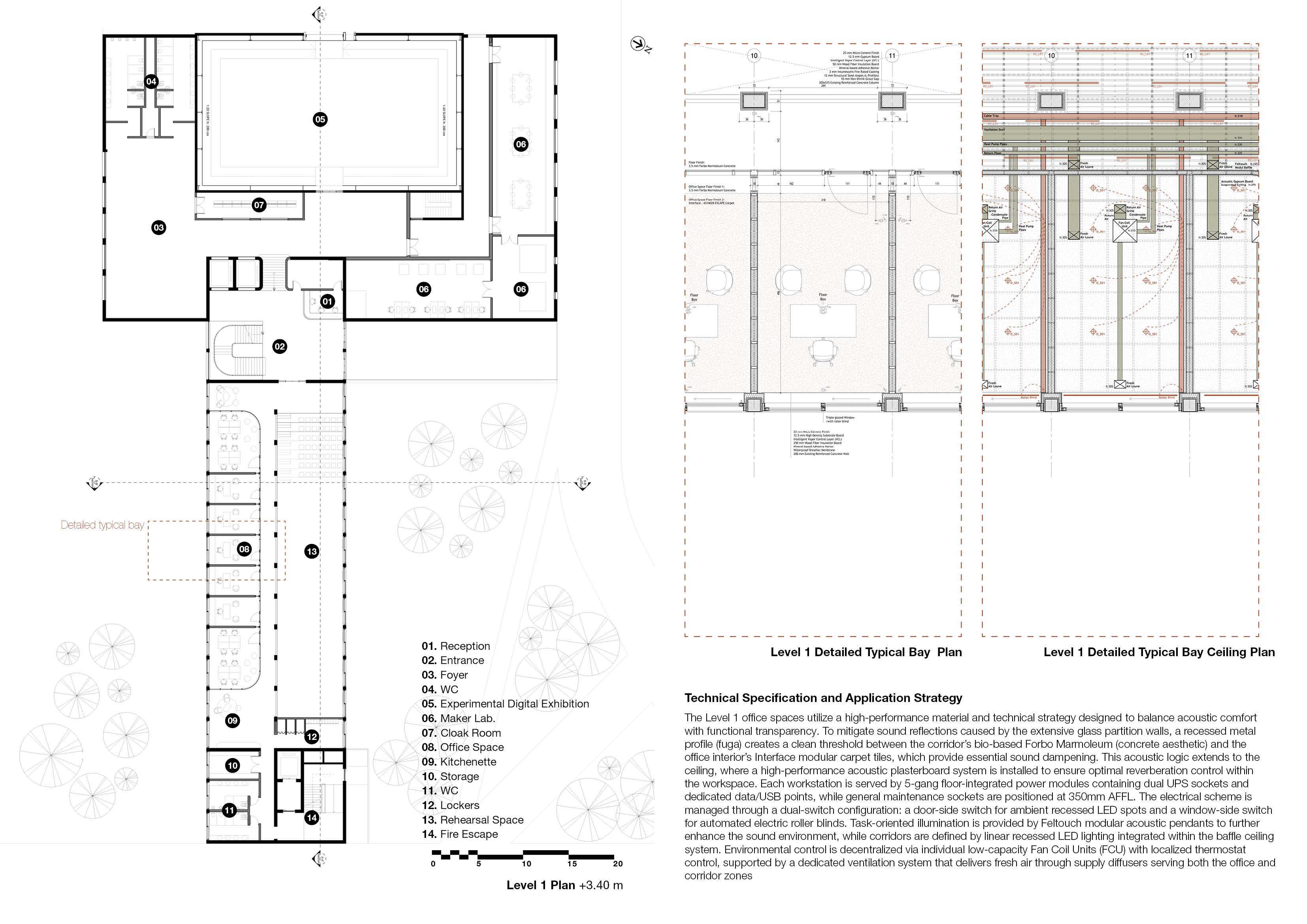 Level 1 plan with reception, foyer, experimental digital exhibition, maker labs, office spaces and rehearsal space, beside detailed typical bay floor and ceiling plans and a technical specification.