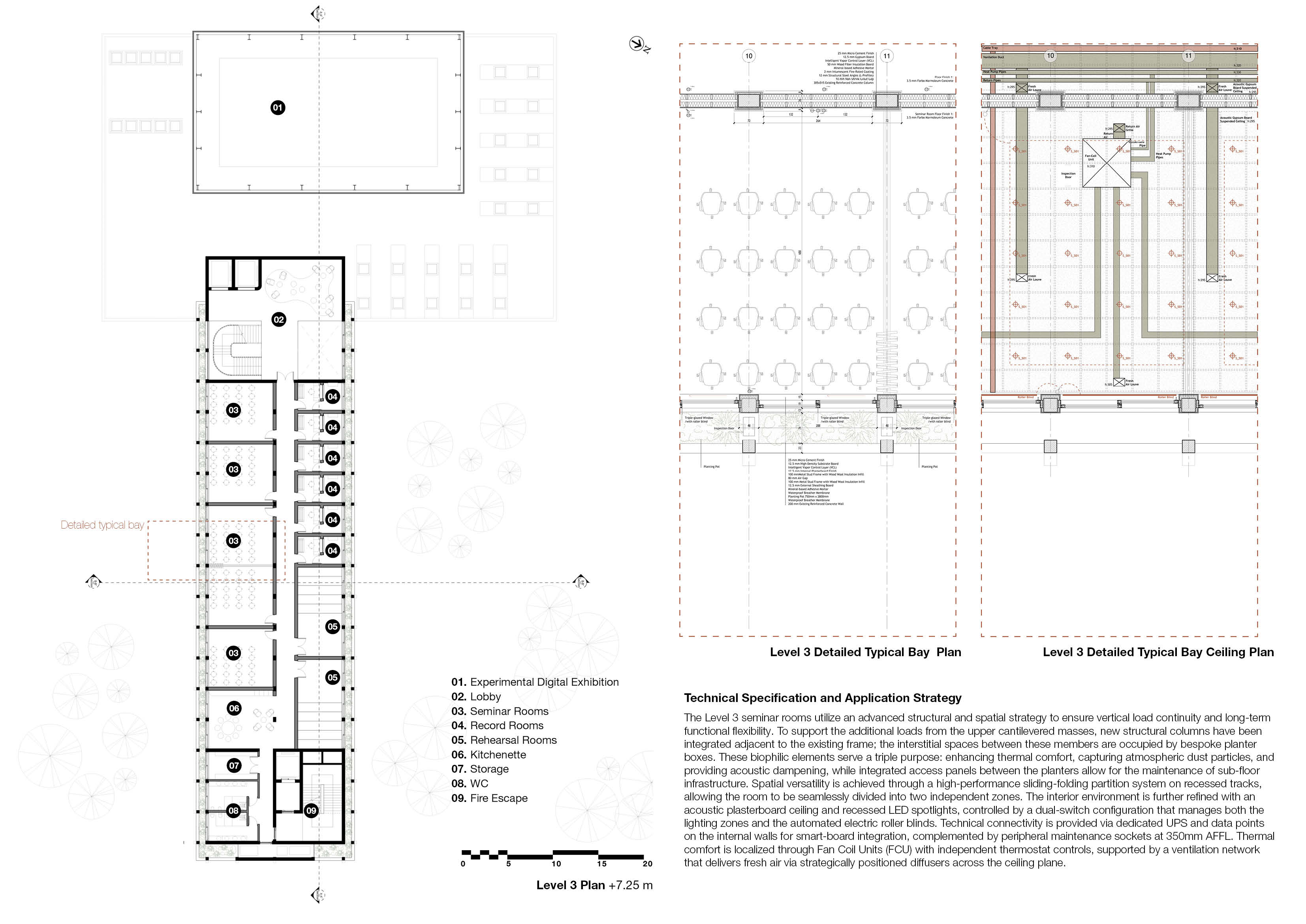 Level 3 plan with seminar rooms, record rooms and rehearsal rooms along a corridor, beside detailed typical bay floor and ceiling plans and a technical specification.