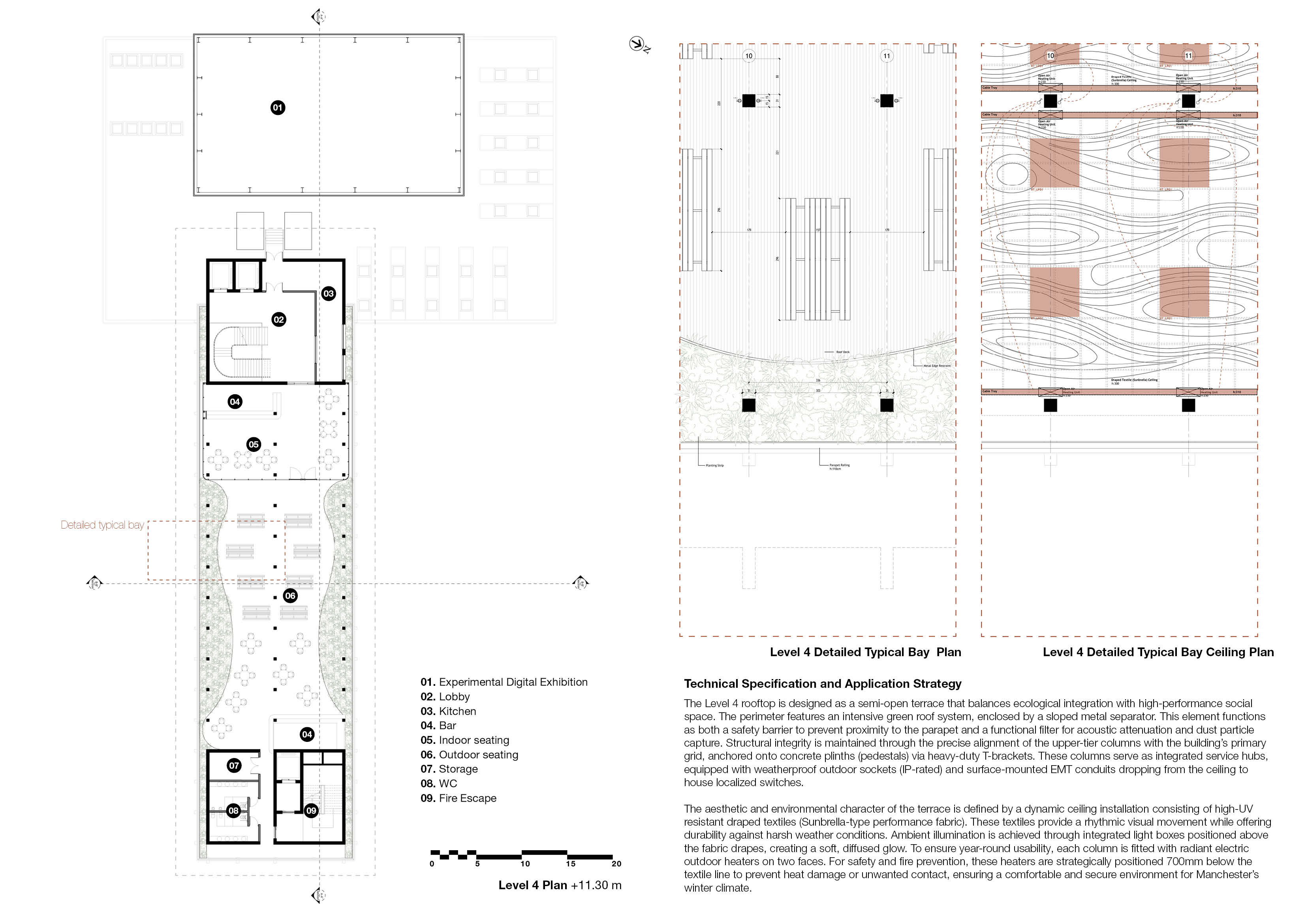 Level 4 rooftop plan with bar, indoor and outdoor seating framed by planting, beside detailed typical bay floor and draped textile ceiling plans and a technical specification.