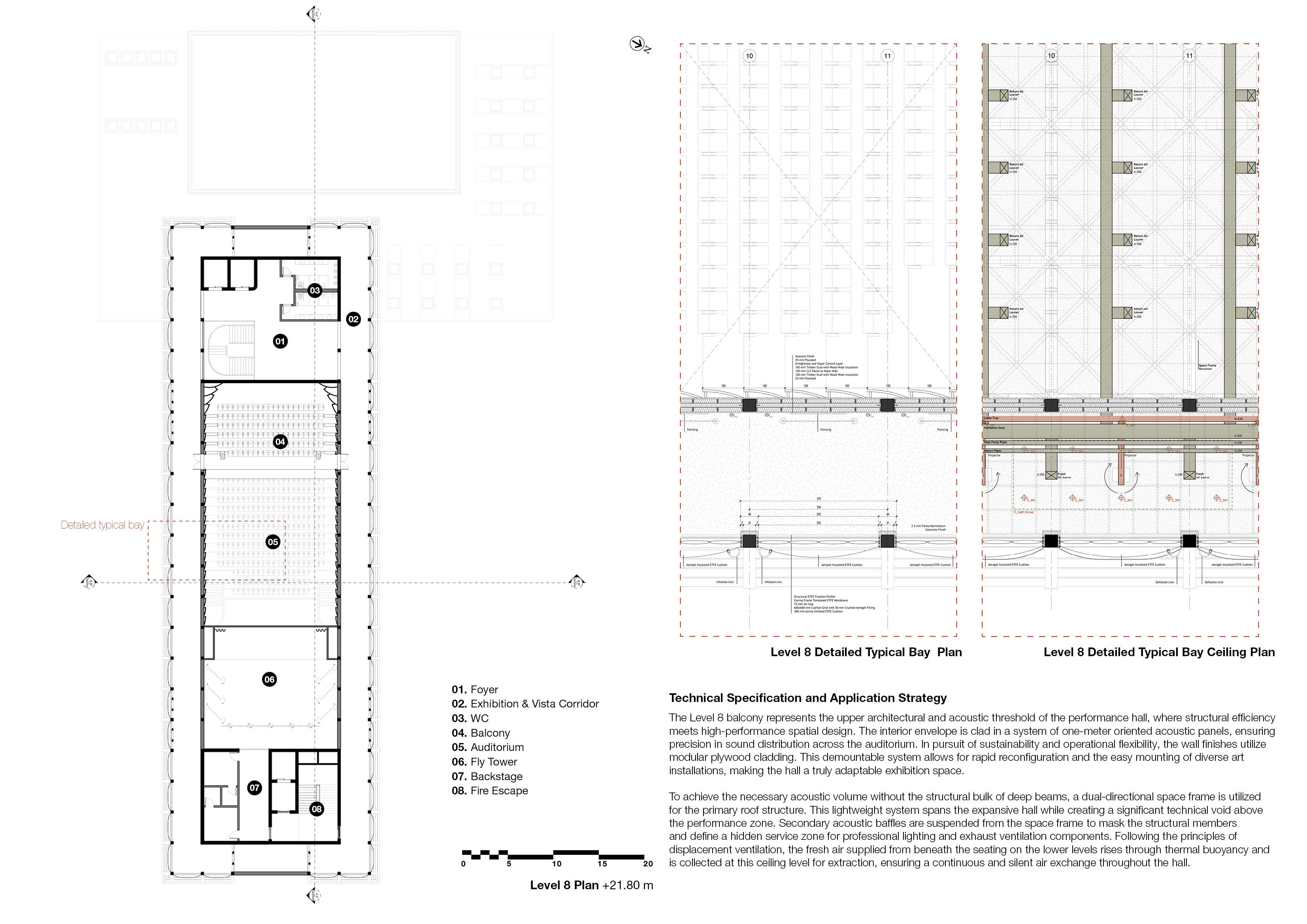 Level 8 plan with foyer, balcony, auditorium, fly tower and backstage, beside detailed typical bay floor and ceiling plans and a technical specification.