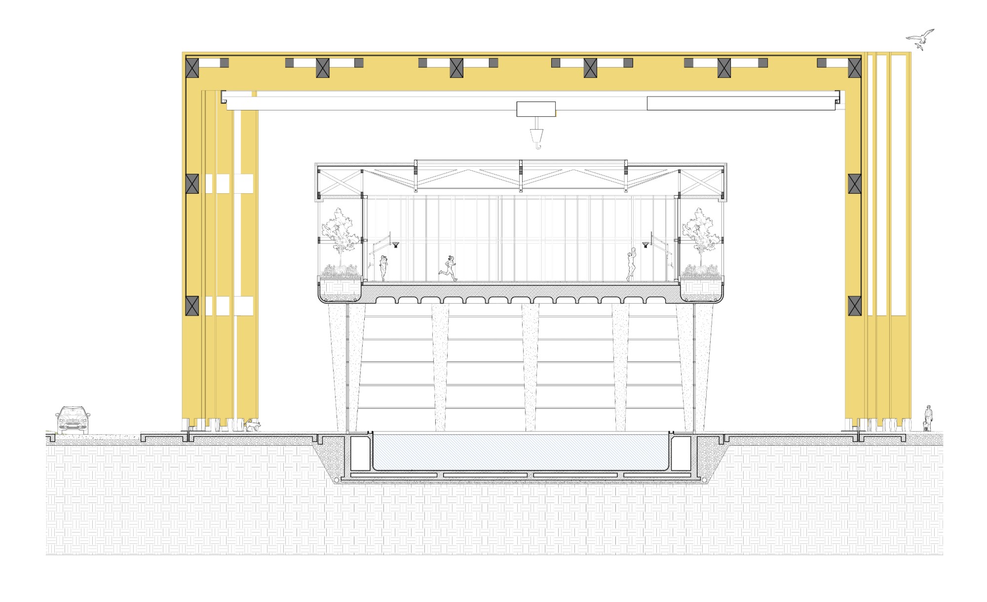 Section through the closed sports facility with an indoor court raised on tapered columns above a water tank, framed by the Shell and its overhead crane.